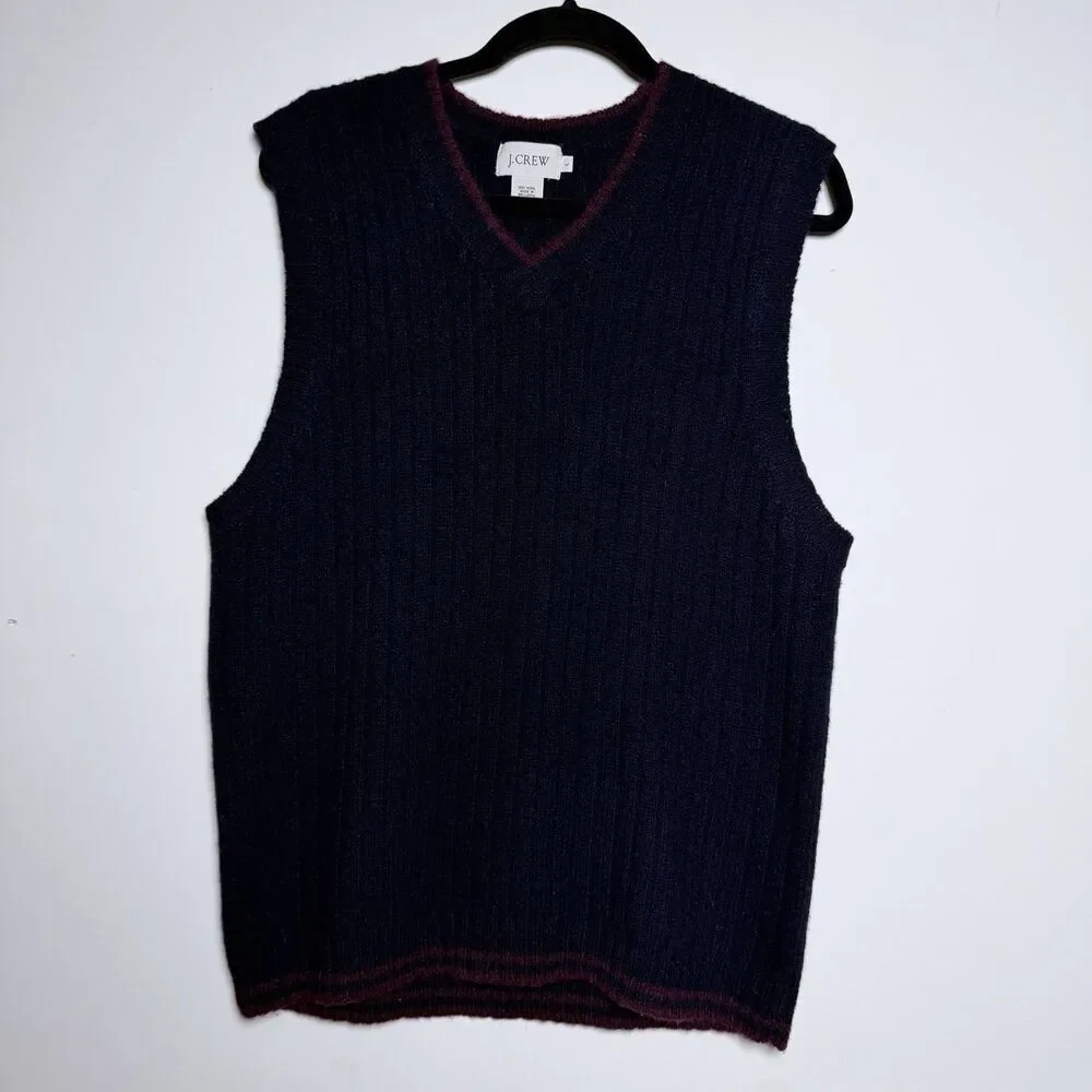 J.Crew 100 Wool Ribbed V-Neck Sweater Vest L Large Navy Burgundy Stripe Trim Y2K